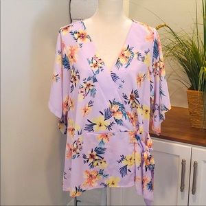 Lavender/Light Purple Tropical Floral Print Wrap Top, Plus Size 1X